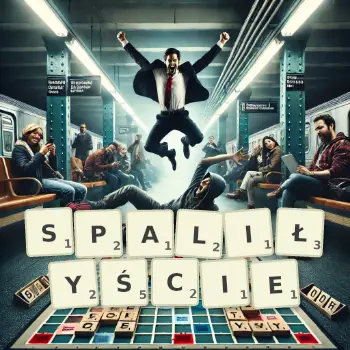 Kreatywna ilustracja do gry w Scrabble ze słowem SPALIŁYŚCIE ułożonym z płytek na planszy.