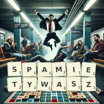 Kreatywna ilustracja do gry w Scrabble ze słowem SPAMIETYWASZ ułożonym z płytek na planszy.