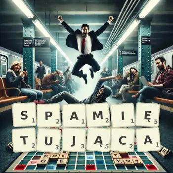 Kreatywna ilustracja do gry w Scrabble ze słowem SPAMIĘTUJĄCA ułożonym z płytek na planszy.