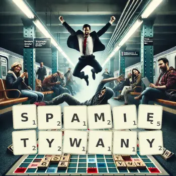 Kreatywna ilustracja do gry w Scrabble ze słowem SPAMIĘTYWANY ułożonym z płytek na planszy.