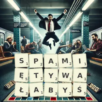Kreatywna ilustracja do gry w Scrabble ze słowem SPAMIĘTYWAŁABYŚ ułożonym z płytek na planszy.