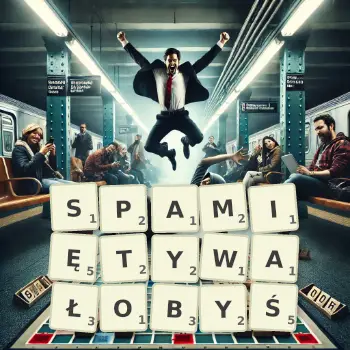 Kreatywna ilustracja do gry w Scrabble ze słowem SPAMIĘTYWAŁOBYŚ ułożonym z płytek na planszy.