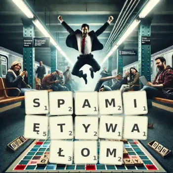 Kreatywna ilustracja do gry w Scrabble ze słowem SPAMIĘTYWAŁOM ułożonym z płytek na planszy.