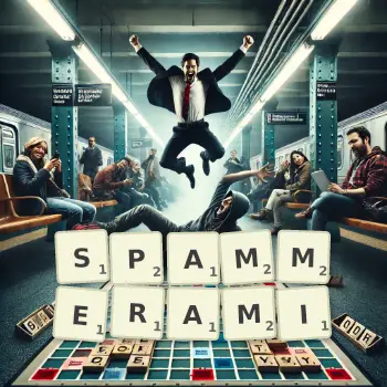 Kreatywna ilustracja do gry w Scrabble ze słowem SPAMMERAMI ułożonym z płytek na planszy.