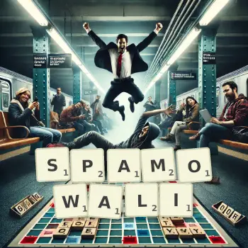 Kreatywna ilustracja do gry w Scrabble ze słowem SPAMOWALI ułożonym z płytek na planszy.