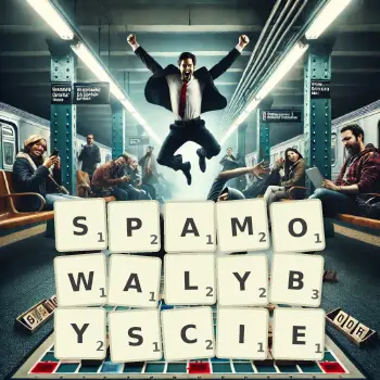 Kreatywna ilustracja do gry w Scrabble ze słowem SPAMOWALYBYSCIE ułożonym z płytek na planszy.