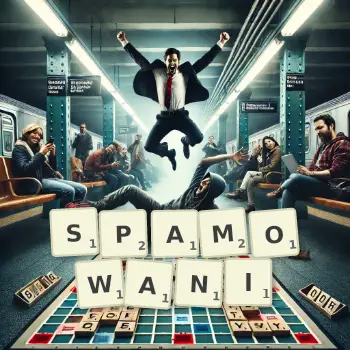 Kreatywna ilustracja do gry w Scrabble ze słowem SPAMOWANI ułożonym z płytek na planszy.