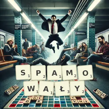 Kreatywna ilustracja do gry w Scrabble ze słowem SPAMOWAŁY ułożonym z płytek na planszy.