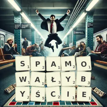 Kreatywna ilustracja do gry w Scrabble ze słowem SPAMOWAŁYBYŚCIE ułożonym z płytek na planszy.