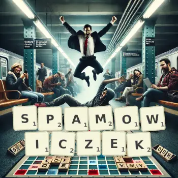 Kreatywna ilustracja do gry w Scrabble ze słowem SPAMOWICZEK ułożonym z płytek na planszy.