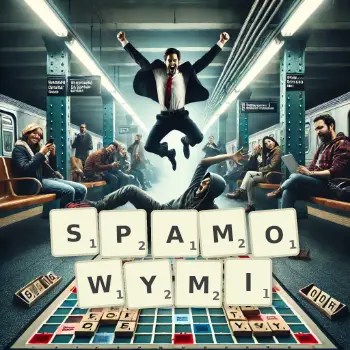 Kreatywna ilustracja do gry w Scrabble ze słowem SPAMOWYMI ułożonym z płytek na planszy.