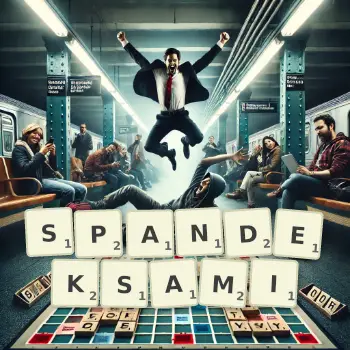 Kreatywna ilustracja do gry w Scrabble ze słowem SPANDEKSAMI ułożonym z płytek na planszy.