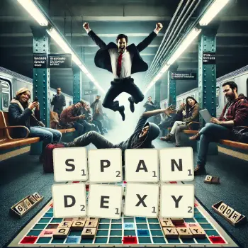 Kreatywna ilustracja do gry w Scrabble ze słowem SPANDEXY ułożonym z płytek na planszy.