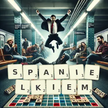 Kreatywna ilustracja do gry w Scrabble ze słowem SPANIELKIEM ułożonym z płytek na planszy.