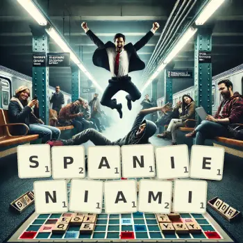 Kreatywna ilustracja do gry w Scrabble ze słowem SPANIENIAMI ułożonym z płytek na planszy.