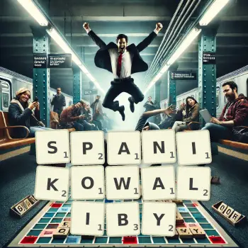 Kreatywna ilustracja do gry w Scrabble ze słowem SPANIKOWALIBY ułożonym z płytek na planszy.