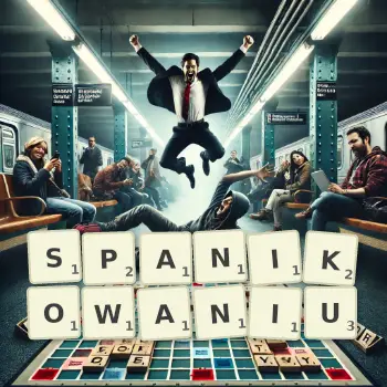 Kreatywna ilustracja do gry w Scrabble ze słowem SPANIKOWANIU ułożonym z płytek na planszy.