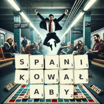 Kreatywna ilustracja do gry w Scrabble ze słowem SPANIKOWAŁABY ułożonym z płytek na planszy.