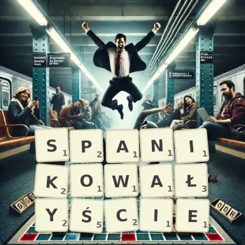 Kreatywna ilustracja do gry w Scrabble ze słowem SPANIKOWAŁYŚCIE ułożonym z płytek na planszy.