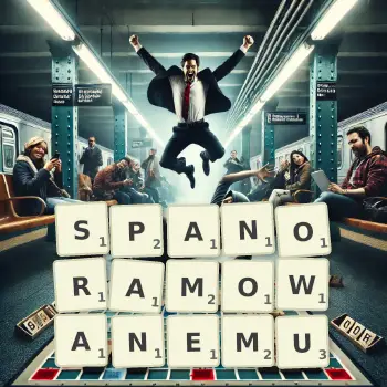 Kreatywna ilustracja do gry w Scrabble ze słowem SPANORAMOWANEMU ułożonym z płytek na planszy.