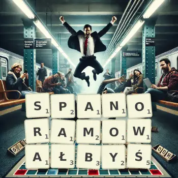 Kreatywna ilustracja do gry w Scrabble ze słowem SPANORAMOWAŁBYŚ ułożonym z płytek na planszy.