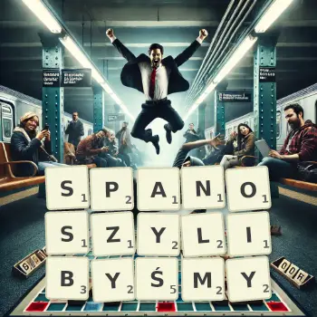 Kreatywna ilustracja do gry w Scrabble ze słowem SPANOSZYLIBYŚMY ułożonym z płytek na planszy.