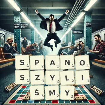 Kreatywna ilustracja do gry w Scrabble ze słowem SPANOSZYLIŚMY ułożonym z płytek na planszy.