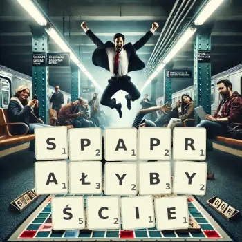 Kreatywna ilustracja do gry w Scrabble ze słowem SPAPRAŁYBYŚCIE ułożonym z płytek na planszy.