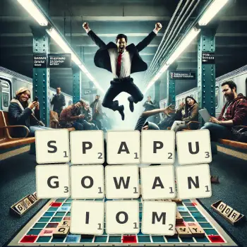 Kreatywna ilustracja do gry w Scrabble ze słowem SPAPUGOWANIOM ułożonym z płytek na planszy.