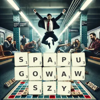 Kreatywna ilustracja do gry w Scrabble ze słowem SPAPUGOWAWSZY ułożonym z płytek na planszy.