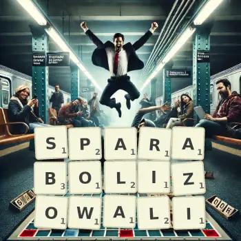 Kreatywna ilustracja do gry w Scrabble ze słowem SPARABOLIZOWALI ułożonym z płytek na planszy.