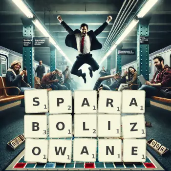 Kreatywna ilustracja do gry w Scrabble ze słowem SPARABOLIZOWANE ułożonym z płytek na planszy.