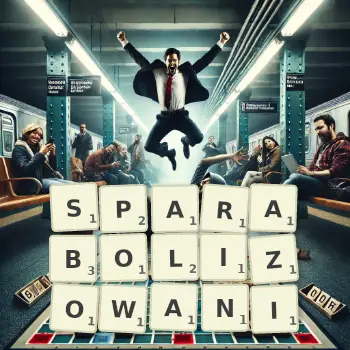 Kreatywna ilustracja do gry w Scrabble ze słowem SPARABOLIZOWANI ułożonym z płytek na planszy.