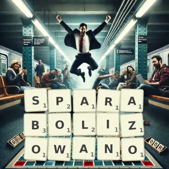 Kreatywna ilustracja do gry w Scrabble ze słowem SPARABOLIZOWANO ułożonym z płytek na planszy.