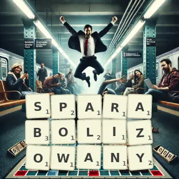 Kreatywna ilustracja do gry w Scrabble ze słowem SPARABOLIZOWANY ułożonym z płytek na planszy.