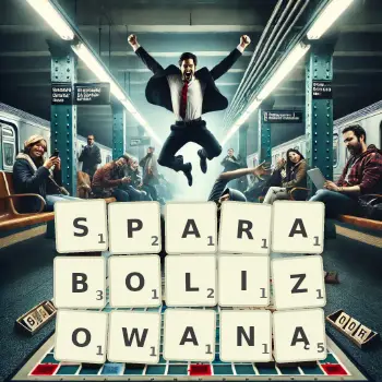 Kreatywna ilustracja do gry w Scrabble ze słowem SPARABOLIZOWANĄ ułożonym z płytek na planszy.