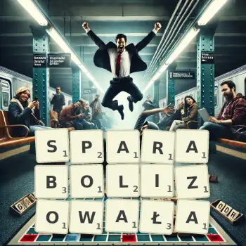 Kreatywna ilustracja do gry w Scrabble ze słowem SPARABOLIZOWAŁA ułożonym z płytek na planszy.