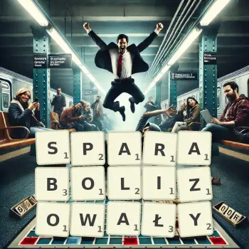 Kreatywna ilustracja do gry w Scrabble ze słowem SPARABOLIZOWAŁY ułożonym z płytek na planszy.