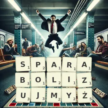 Kreatywna ilustracja do gry w Scrabble ze słowem SPARABOLIZUJMYŻ ułożonym z płytek na planszy.