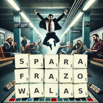 Kreatywna ilustracja do gry w Scrabble ze słowem SPARAFRAZOWALAS ułożonym z płytek na planszy.