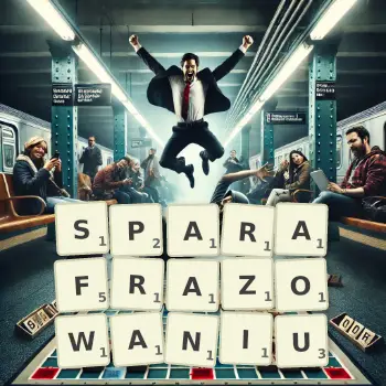 Kreatywna ilustracja do gry w Scrabble ze słowem SPARAFRAZOWANIU ułożonym z płytek na planszy.