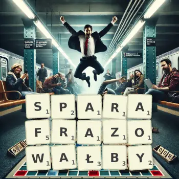 Kreatywna ilustracja do gry w Scrabble ze słowem SPARAFRAZOWAŁBY ułożonym z płytek na planszy.