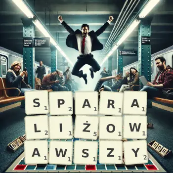Kreatywna ilustracja do gry w Scrabble ze słowem SPARALIŻOWAWSZY ułożonym z płytek na planszy.