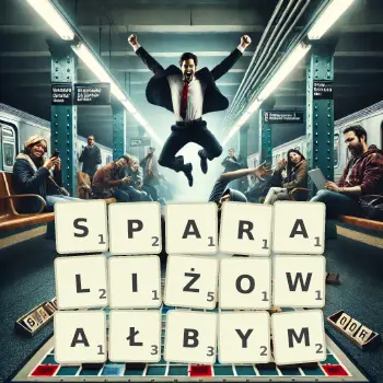 Kreatywna ilustracja do gry w Scrabble ze słowem SPARALIŻOWAŁBYM ułożonym z płytek na planszy.