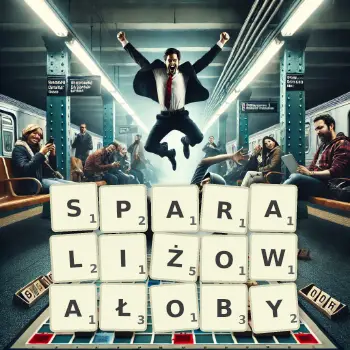 Kreatywna ilustracja do gry w Scrabble ze słowem SPARALIŻOWAŁOBY ułożonym z płytek na planszy.