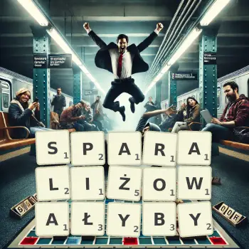 Kreatywna ilustracja do gry w Scrabble ze słowem SPARALIŻOWAŁYBY ułożonym z płytek na planszy.