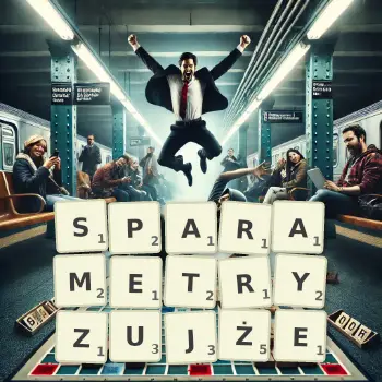 Kreatywna ilustracja do gry w Scrabble ze słowem SPARAMETRYZUJŻE ułożonym z płytek na planszy.