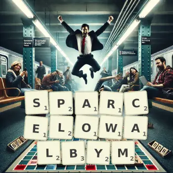 Kreatywna ilustracja do gry w Scrabble ze słowem SPARCELOWALBYM ułożonym z płytek na planszy.