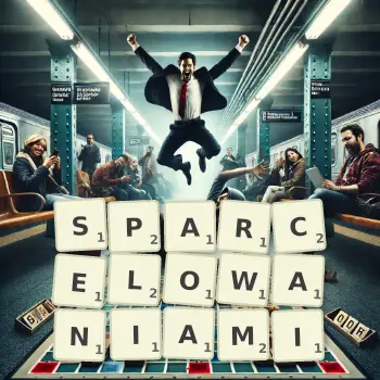 Kreatywna ilustracja do gry w Scrabble ze słowem SPARCELOWANIAMI ułożonym z płytek na planszy.