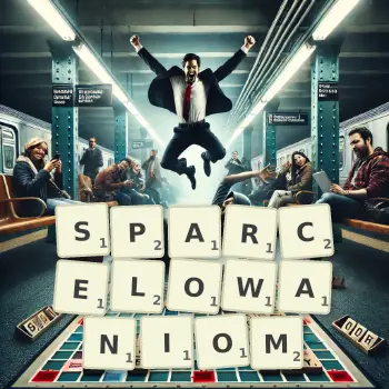 Kreatywna ilustracja do gry w Scrabble ze słowem SPARCELOWANIOM ułożonym z płytek na planszy.